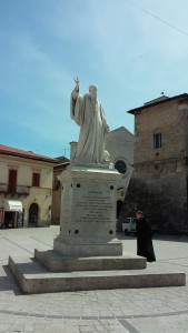 St. Benedict statue outside Monastery church in Norcia